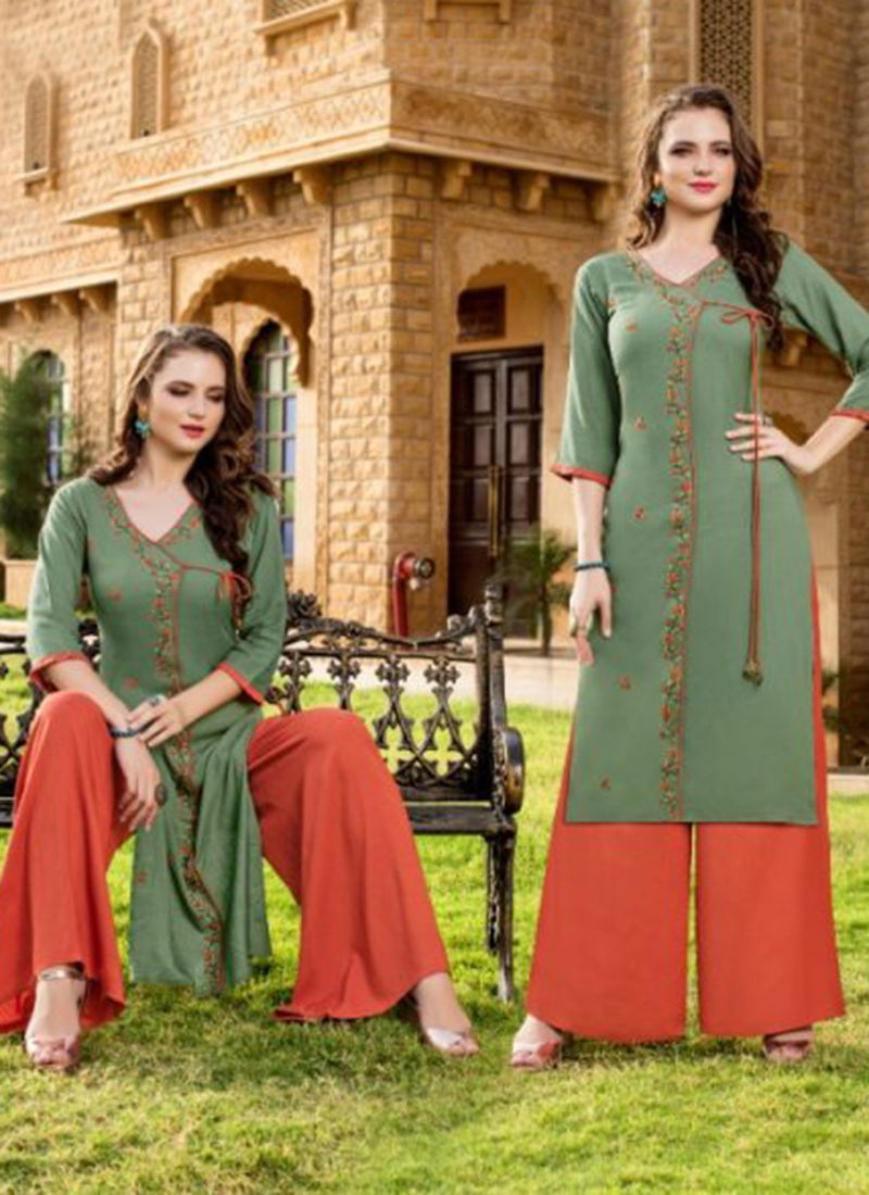 Meraki vol 4 heavy Reyon with Plazzo Embroidery Designer Kurtis Collections